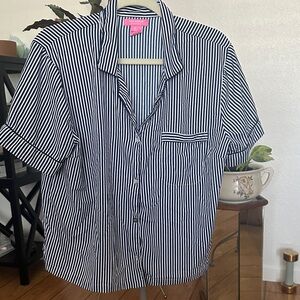 Isaac Mizrahi Women's Blue and White Striped Button Down Shirt